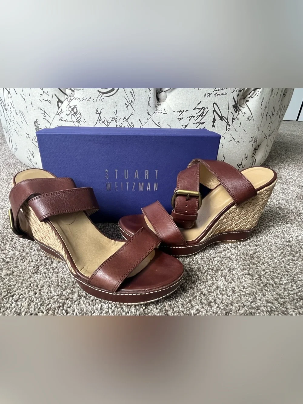 Stuart Weitzman Cognac Brown Leather Espadrille Wedge Sandals. Size 11 - Picture 14 of 16